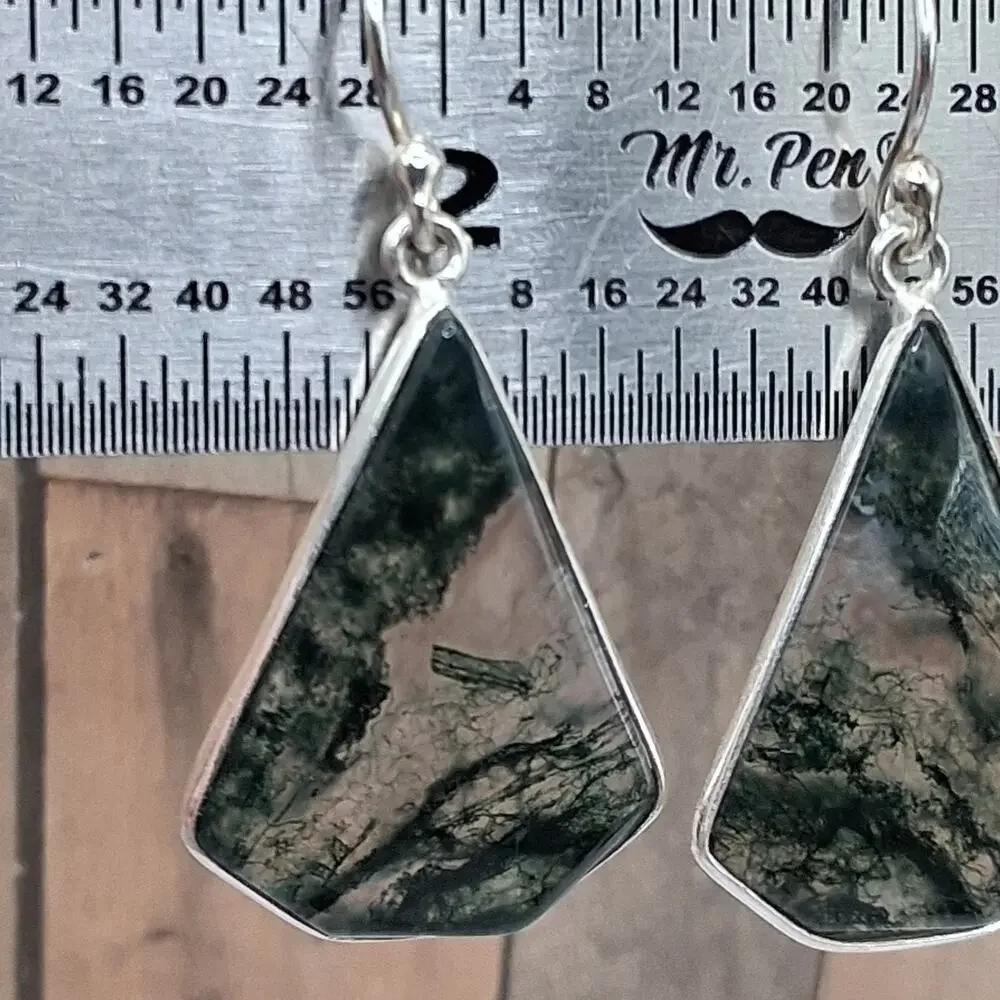 Moss Agate Earrings Sterling Silver 925 Dangle Drop Scenic Stone Southwestern